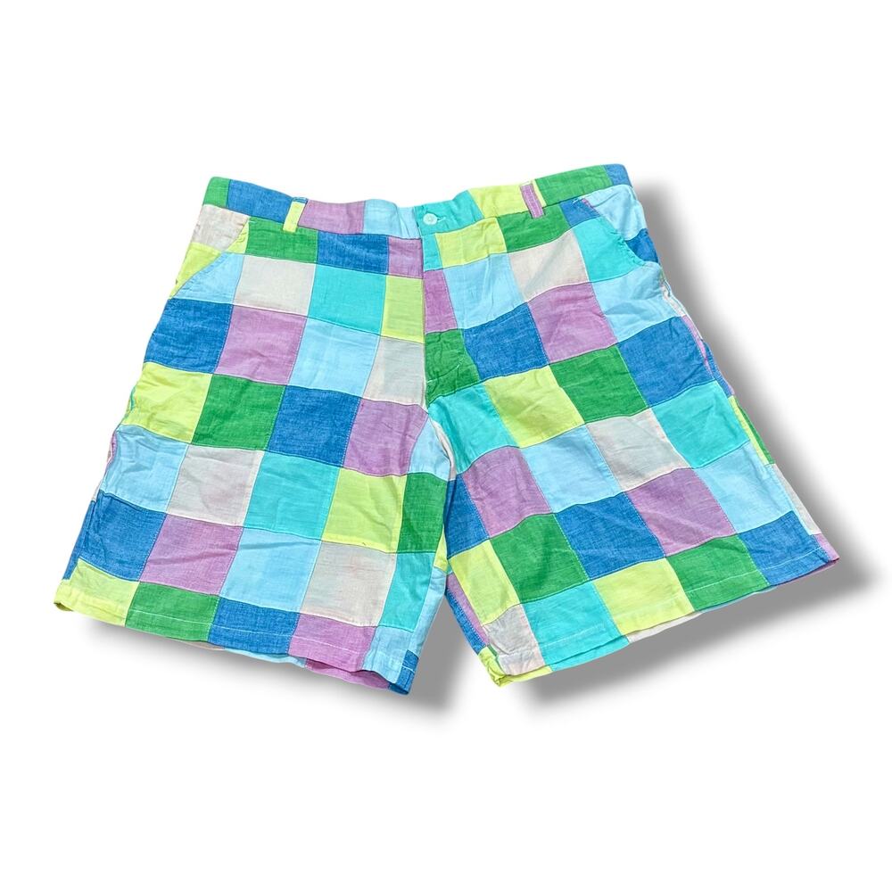 Men’s Size 38 Multicolor Pastel Patchwork Shorts Preppy Golf - Cleve 100% Cotton